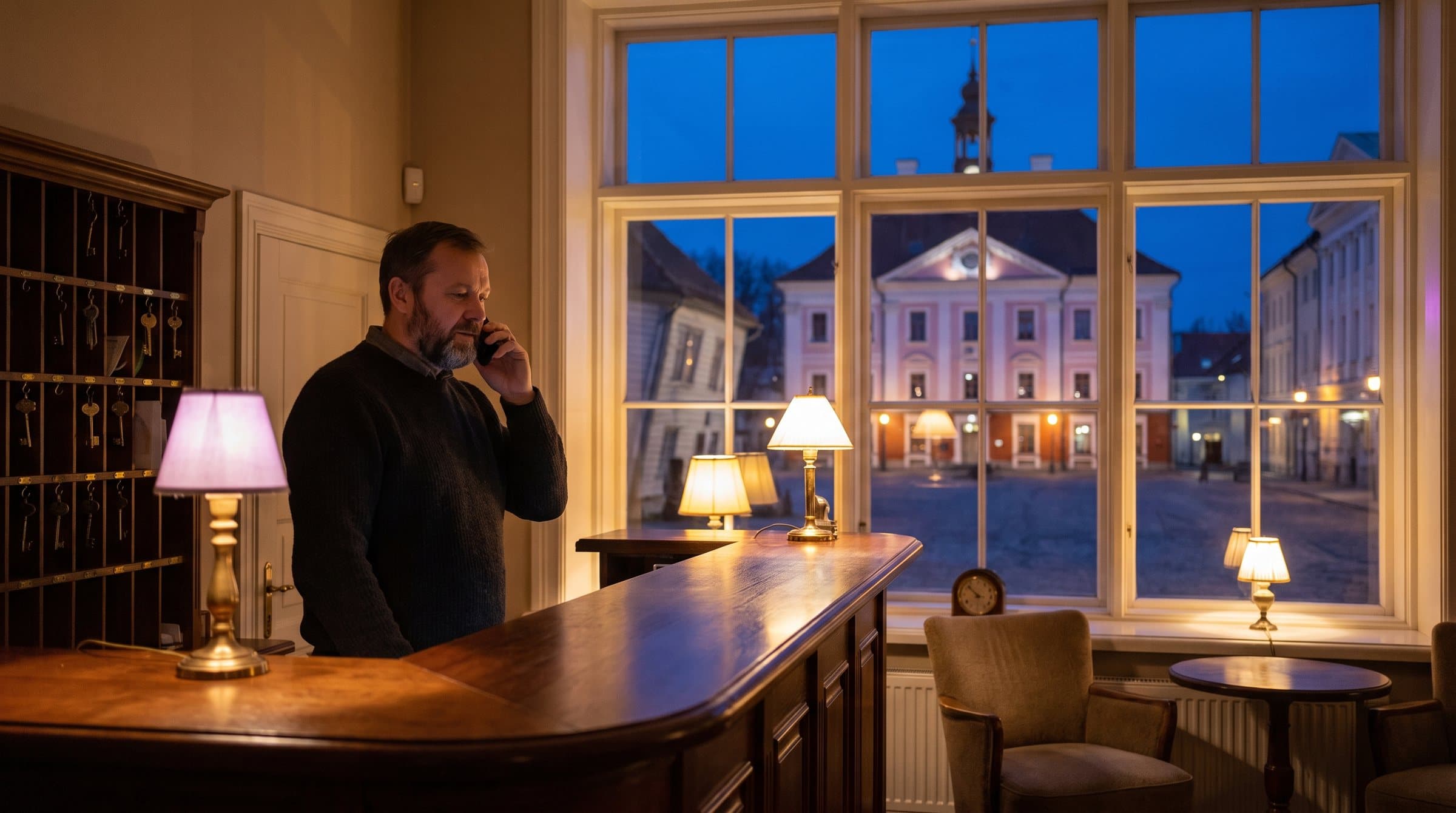 Hotelli öine administraator räägib telefoniga, aknast paistab Tartu Raekoja plats roosa raekoja ja viltuse majaga sinisel tunnil