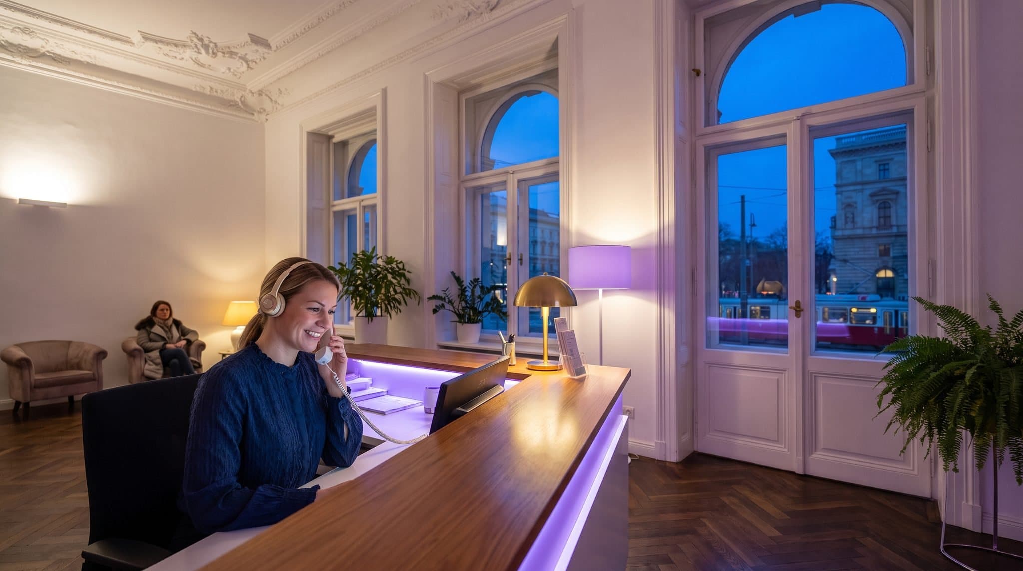 Peakomplektiga klienditeenindaja töölaua taga